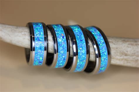 8mm Blue <strong>crush opal</strong> (synthetic blue <strong>opal</strong>) and <strong>wood</strong> Tungsten men's <strong>ring</strong>. . Crushed opal wood ring